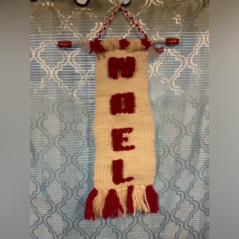 Vintage Handmade Christmas Holiday  Macrame Hanging Noel Banner Wooden